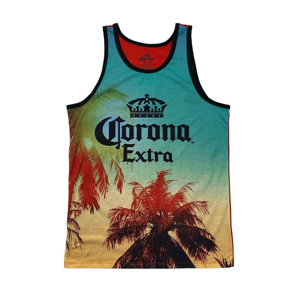 Corona Beer Tank Top Mens S Small Sleeveless Island Palm Allover Graphic Shirt